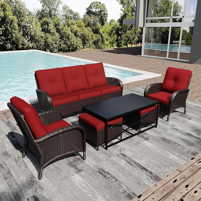Joyside Wicker Patio Furniture Set, 6 Piece Outdoor Furniture Set with Thickened Cushions, High Back, Deep Seating, Wide Armrest, Rattan Outdoor Chairs for Porch, Deck