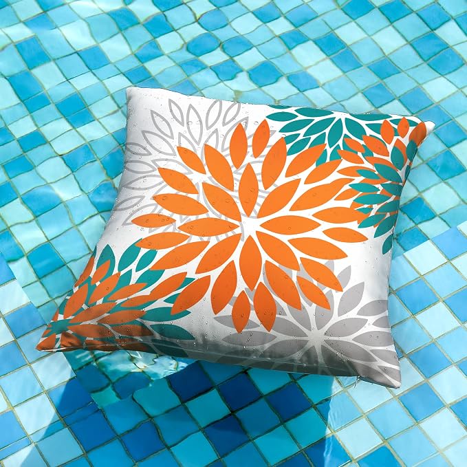 DFXSZ Outdoor Waterproof Pillow Covers 16x16 Set of 2 Orange Grey Flower | Spring Summer Waterproof Flower Throw Pillowcases（No Inserts）Outdoor Decor for Fall Patio Funiture Garden Polyester Covers