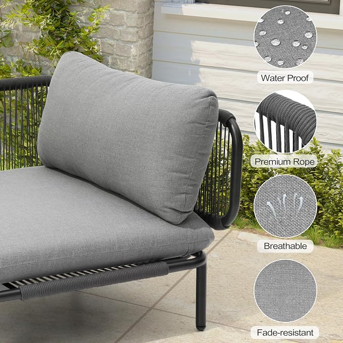 Patio Furniture Set, Outdoor Patio Furniture Oversized Metal Single Sofa, 1-seat Conversation Set with Cushion for Indoor and Outdoor, Black Frame and Dark Grey Mat (1 Seat 2 Armrests)