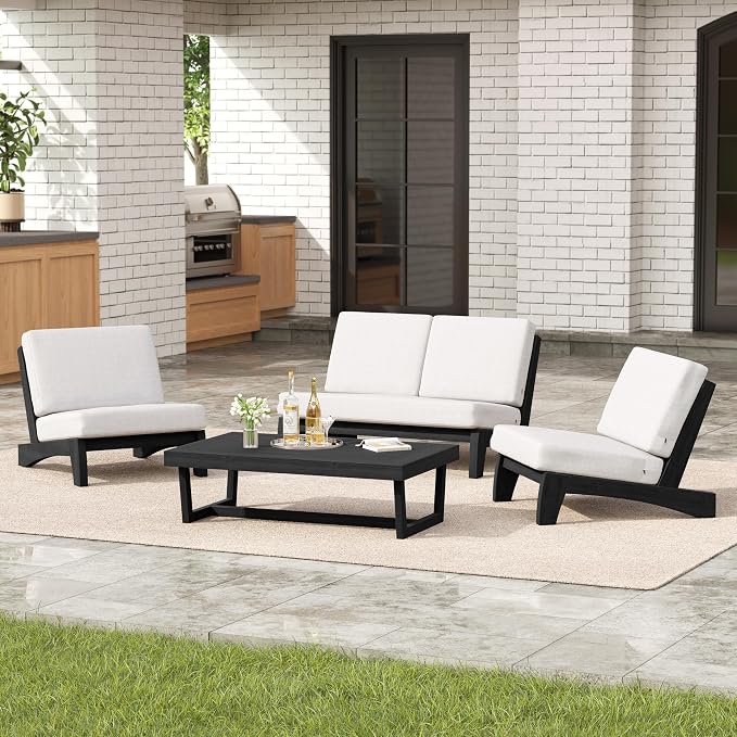 4 Pieces Patio Furniture Sets, All-Weather Outdoor Wood Bistro Set Patio Conversation Coffee Table Chiars and Patio Loveseat for Balcony, Backyard