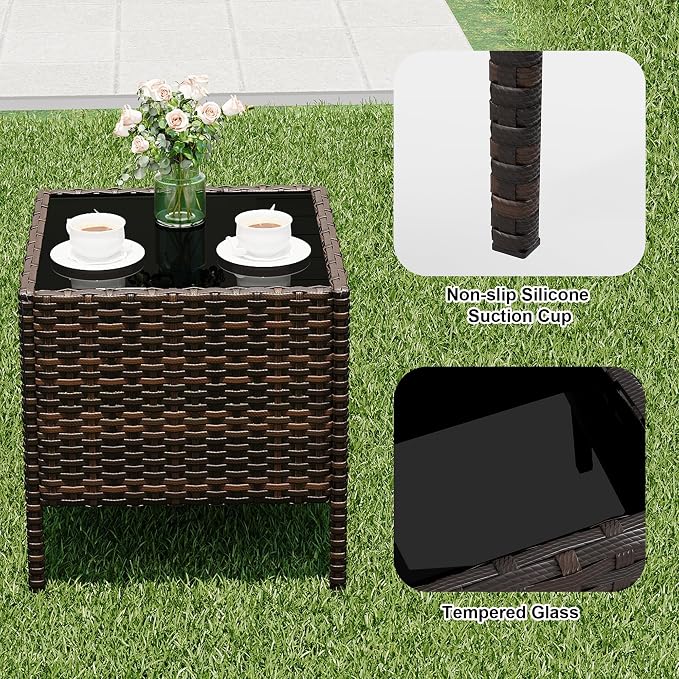 3 Pieces Patio Furniture Sets, Outdoor Wicker Furniture with Soft Cushion and Glass Coffee Table, Modern Rattan Patio Chairs Conversation Sets for Garden, Poolside, Porch, Balconies, Brown and White