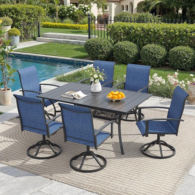 7 Pieces Outdoor Patio Dining Set, 59.2" All Weather Rectangle Metal Table with Umbrella Hole and Storage Shelf, 6 High Back Textilene Swivel Chairs for Garden, Lawn, Black Table&Blue Chairs