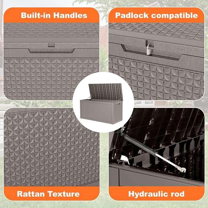 EasyUp 121 Gallon Outdoor Storage Box Waterproof, UV Resistant Resin Deck Box with Hydraulic Rod, Reinforced Stability for Patio, Garden, Quad Leaf Grey