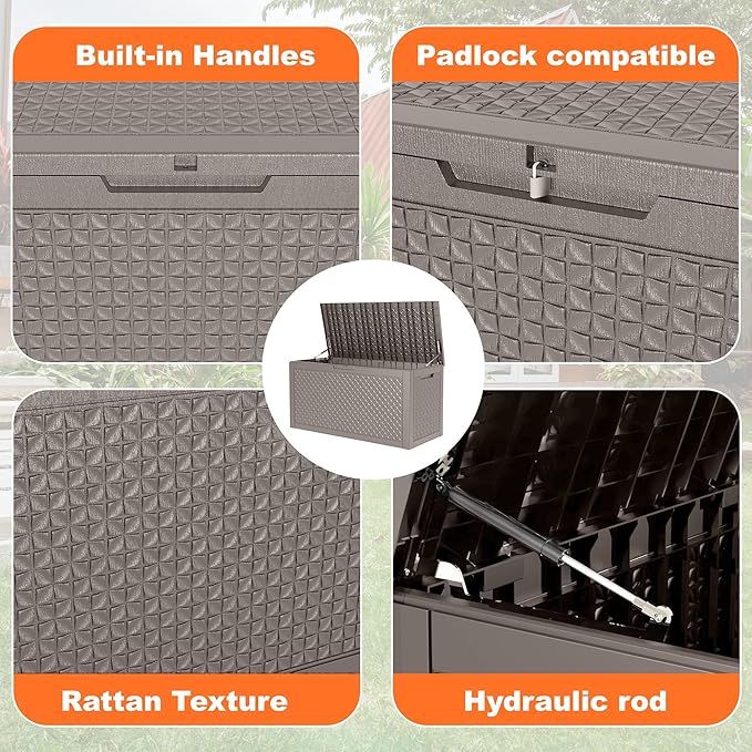 121 Gallon Outdoor Storage Box, New Classic Deck Box with Hydraulic Lid, Durable Waterproof Resin Storage Bin for Patio Furniture, Garden Tools, Cushions, Pool Accessories, Grey