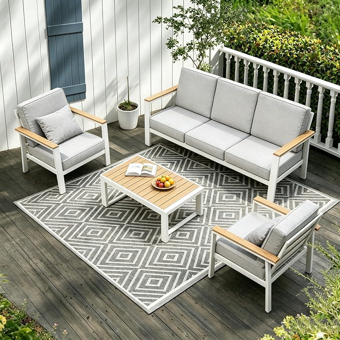 Aluminum Patio Furniture Set, Modern Metal Outdoor Conversation Sectional Sofa with Washable Thick Cushions, Coffee Table and Waterproof Cover (White, 1088-5seat)