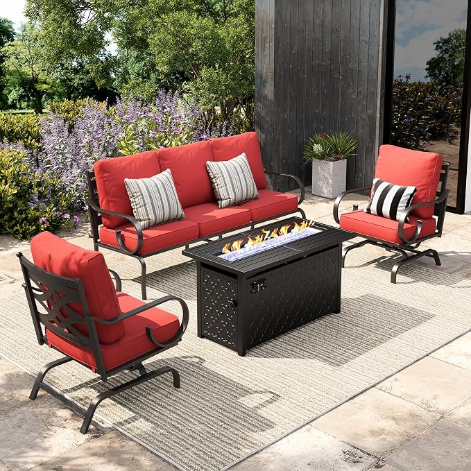 Sophia & William Patio Conversation Set for 5, 3-Seater Sofa, 2 Rocking Chairs and a 45" Fire Pit Table, Metal Outdoor Furniture with 5.75" Extra Thick Cushions, Red