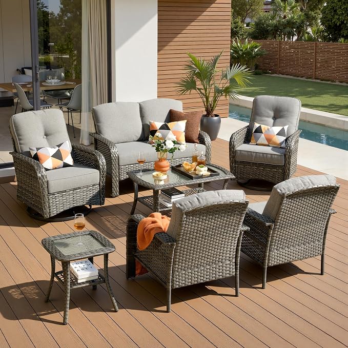 7-Piece Patio Furniture Set, Outdoor Wicker Furniture with Coffee Table, High Back Swivel Rocker Patio Chairs, Modern Rattan Outdoor Chairs Conversation Set for Porch, Balcony, Garden, Dark Gray