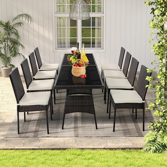 10 Pieces Patio Wicker Dining Set Outdoor Furniture, Outdoor Rattan Table and Chairs with Tempered Glass Table-top & Padded Cushions, Patio Furniture Sets for Backyard, Balcony (Brown)