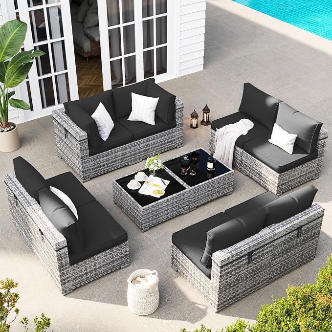 Patio Furniture Set, Modular 10-Piece Patio Conversation Sets with Coffee Table, All-Weather Wicker Outdoor Sectional for Backyard and Balcony, Black (Waterproof Covers Included)