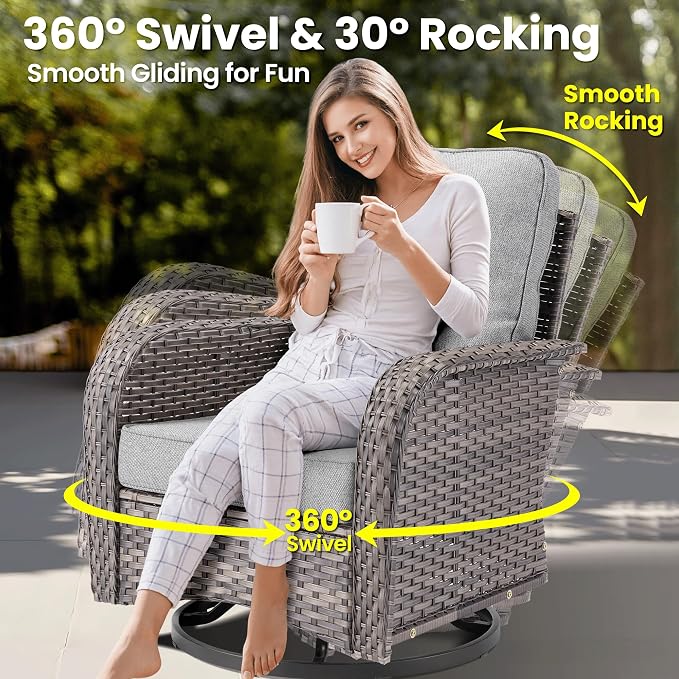 ovios 7 Pieces Patio Furniture Set, Outdoor Wicker Sofa Couch with Swivel Glider Chairs Fire Pit Table, Modern Deep Seat Rattan Conversation Sets for Deck Porch, Dark Grey