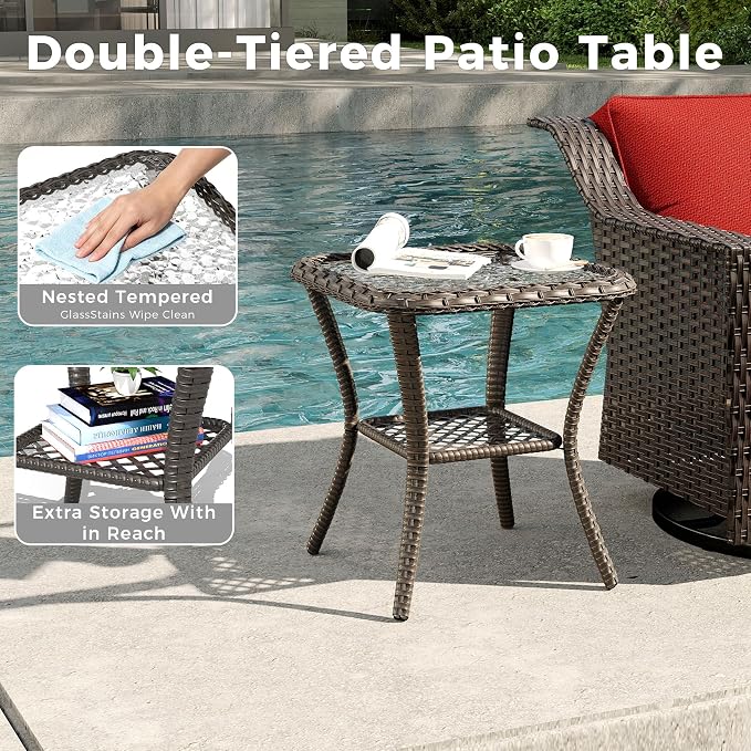 4 Pieces Patio Conversation Furniture Set - 1 Sofa, 2 Swivel Chairs, 1 Side Table, Outdoor Wicker Furniture with Removable Cushions for Porch, Balcony, Sunroom (Red)