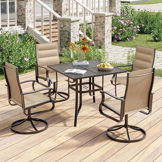UDPATIO 5 Piece Outdoor Patio Table and Chairs Set, Patio Table with Chairs, 37" Square Table with Umbrella Hole, Outdoor Swivel Rocker Dining Chairs, Patio Outdoor Dining Set for Lawn, Deck, Yard