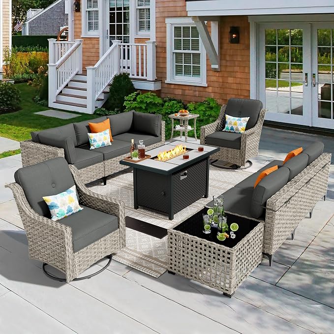 CAODOC 11 Pieces Outdoor Patio Furniture Set, Rattan Wicker Sectional Swivel Rocker Chairs Sets with Fire Pit, Swivel Glider Chairs, and Solar Powered Table
