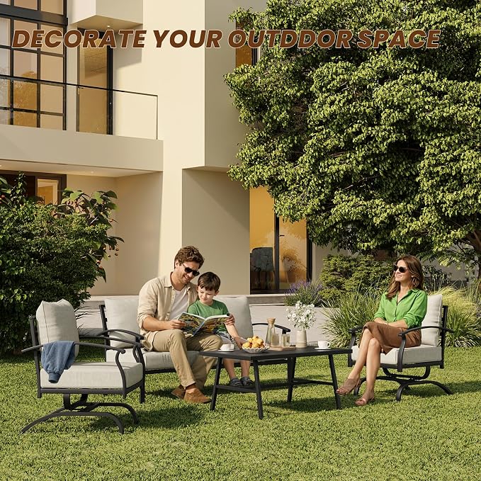 ALAULM 4 Piece Patio Furniture Set,Outdoor Metal Patio Furniture with Coffee Table & Rocking Chairs Conversation Set for Porch,Backyard,Poolside, Garden-Sand