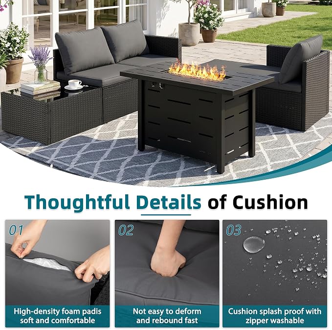 SUNLEI 4-Piece Patio Furniture Set with 43" Propane Fire Pit Table, Outdoor Wicker Sectional Sofa Set, All-Weather Conversation Set for Backyard, Poolside, Garden, Blue Cushions
