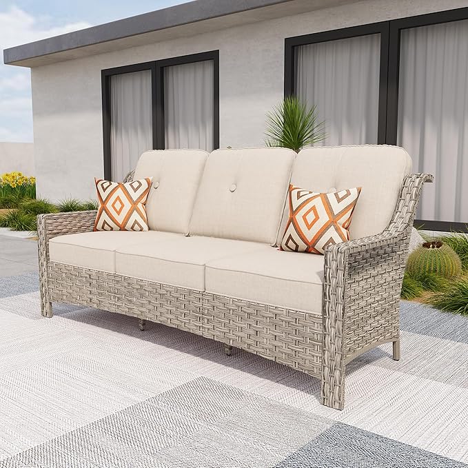 HOOOWOOO Patio Couch,Outdoor Wicker 3 Seater Sofa,All Weather Resistant High Back Rattan Deck Matching Furniture(Beige Tan)