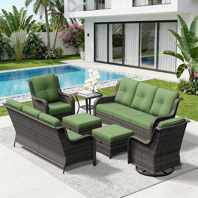 7 Piece Outdoor Wicker Patio Furniture Set, Outdoor Swivel Rocker Patio Chairs Set with Thickened Olefin Cushions, High Back and Deep Seating, Hand-Woven PE Rattan for Porch, Deck