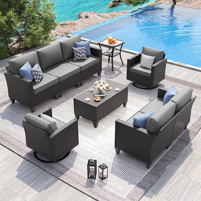 UDPATIO Patio Furniture Set, 6 Pieces Outdoor Furniture Sets with Rocking Swivel Chairs, Wicker Rattan Outdoor Conversation Set with Storage Table and Waterproof Covers for Backyard, Deck, Porch, Grey