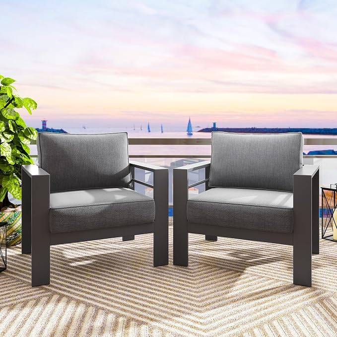 Solaste Patio Furniture Metal Armchair,2 PCS All-Weather Aluminum Garden Outdoor Contemporary Sofa Chair with Cushions, Grey