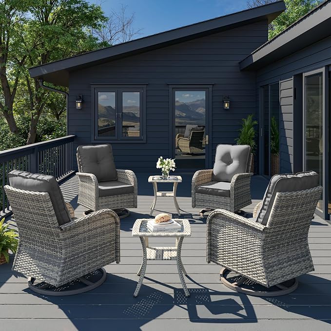 6-Piece Patio Rocking Swivel Chair Outdoor Wicker Rattan Bistro Set High Backrest, Patio Conversation Set Outdoor Patio Furniture Set for Garden, Deck, and Balcony, Grey