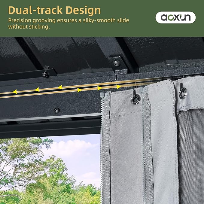 Aoxun 10’x10’ Hardtop Gazebo, Permanent Metal Pavilion with Galvanized Steel Double Roof, Outdoor Pergola with Nettings and Curtains for Lawn, Garden, Patio (Gray)