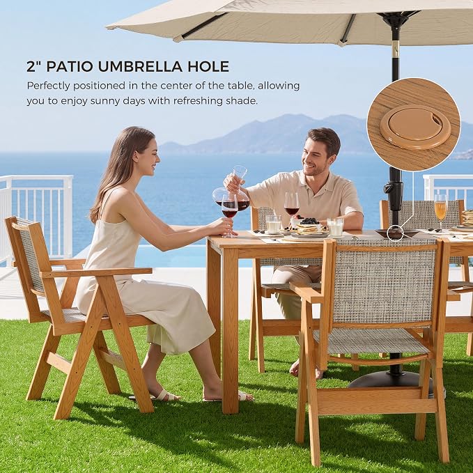 Outdoor Dining Table Set, 7 Piece HDPE Patio Set with Aluminum Dining Table & 6 Textilene Chairs, 69" Outdoor Table with Umbrella Hole for Garden, Deck, Lawn, Teak