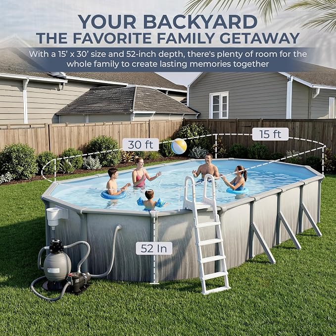 Blue Wave Martinique 15x30-ft Oval 52-in Deep Hard Sided Above Ground Pool with 7-in Steel Top Rails, Dual-Speed Sand Filter System, Ladder, Liner, Skimmer & Maintenance Kit – 9,900 Gallon Cap