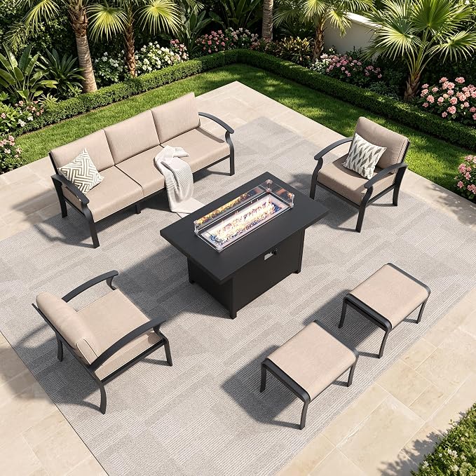 Aluminum Outdoor Patio Furniture Set,6 Pieces 5 Seats Metal Patio Sectional Furniture Set with 45" Propane Fire Pit Table,Patio Conversation Sets with 2 Ottomans,Sand