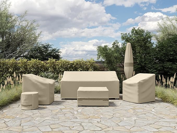 Covermates Elite Outdoor Patio Sofa Cover – Water-Resistant 300D Polyester, Double-Stitched Seams, Elastic Hem, Auto-Locking Drawcord & Mesh Vent for Moderate Weather, 58W x 40D x 40H, Khaki