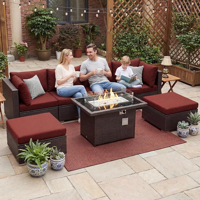 NICESOUL 7 Piece Outdoor Sofa Sectional with Firepit Natural Gas & Propane, Extra Large Patio Furniture Set for Heavy People, Deep Modular Wicker Conversation Sitting, Brown Rattan and Red Cushion