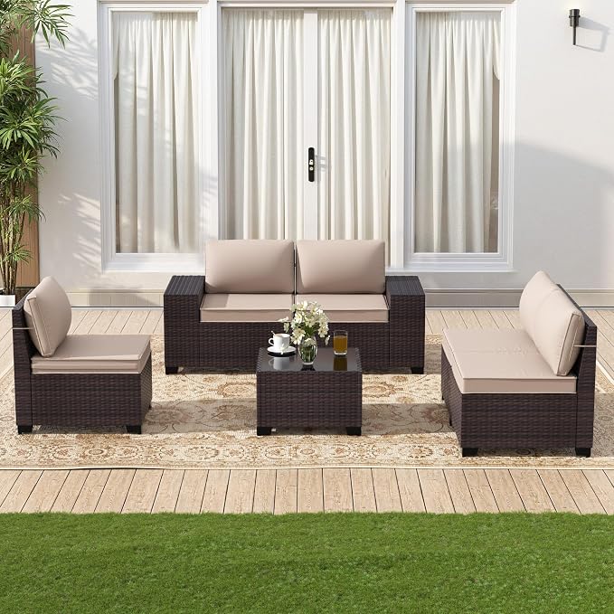 Gotland 6 Pieces Patio Furniture Set with 1 Coffee Table, 5 Seater Rattan Outdoor Sectional with Wide Armrests 29.5'' High Backrest Thick Waterproof Cushions, Conversation Sets for Deck Garden Khaki