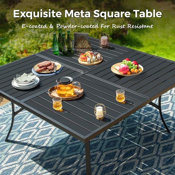 MIXPATIO 9pc Patio Dining Set for 8, Outdoor Metal Table & Grey Chairs | Textilene chairs +57.5" square table with umbrella hole. Waterproof, stain-resistant & wipe-clean. Ideal for backyard, porch