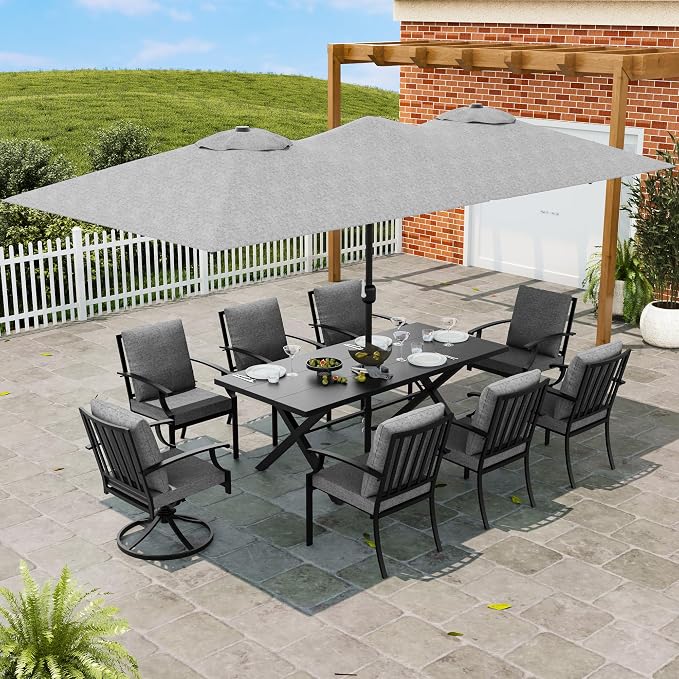10 PCS Outdoor Patio Dining Set with 13.6ft Double-Sided Patio Umbrella,Patio Table and Chairs Metal Outdoor Patio Furniture Set,Dining Table Set with Swivel Chairs,Grey