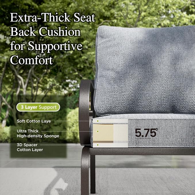 Sophia & William Patio Conversation Set for 7, 3-Seater Sofa, 4 Rocking Chairs and a Coffee Table, Metal Outdoor Furniture with 5.75" Extra Thick Cushions, Grey