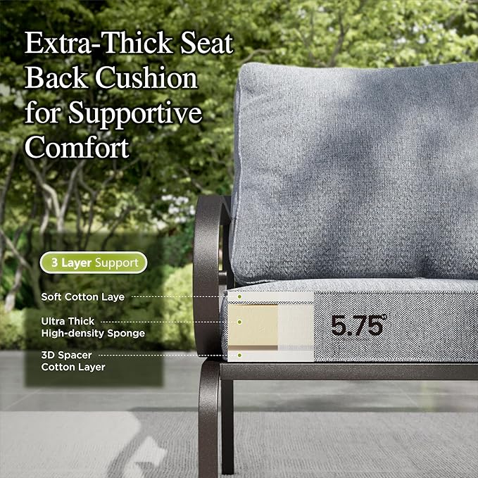 Sophia & William Patio Conversation Set for 5, 3-Seater Sofa, 2 Swivel Chairs and a Coffee Table, Metal Outdoor Furniture with 5.75" Extra Thick Cushions, Grey
