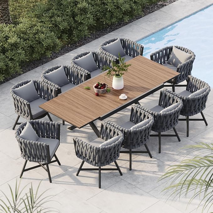 Grand patio 11-Piece Outdoor Dining Set for 10, Patio Dining Furniture Set for 10 Swivel Rope Wicker Chairs & 1 Extendable Rectangular Dining Table, Dark Grey