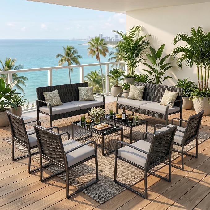 Gizoon 8 Piece Outdoor Patio Furniture Set, Outdoor Black Wicker Patio Furniture with Glass Coffee Table, Modern Rattan Chairs Conversation Set, for Porch, Garden, Lawn, Grey Cushion