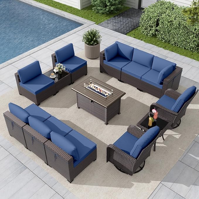 Gotland 13 Pieces Patio Furniture Set with Fire Pit Table Swivel Chairs, PE Rattan Outdoor Furniture Set with 29.5'' High Backrest 4’’ Thick Cushions Coffee Table, Patio Set for Porch, Deck, Navy