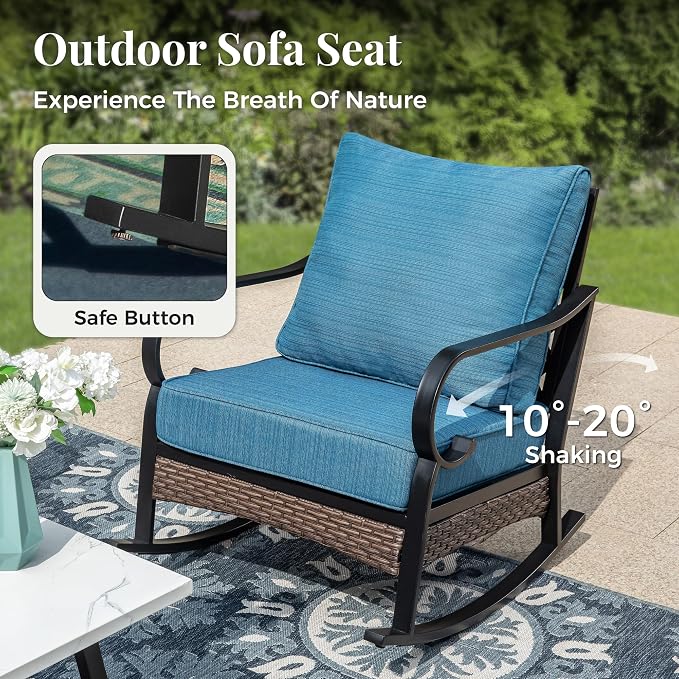 MIXPATIO Patio Furniture Set with Firepit Table, Black Frame Outdoor Conversation Set with 2 x Rocking Chairs, 1 x 3-Seat Sofa for Lawn Garden Backyard, Pacific Blue