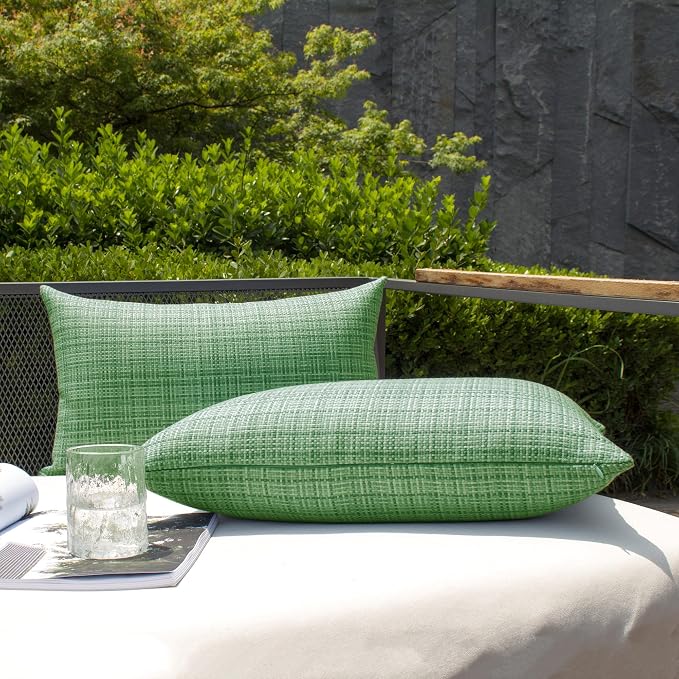 Kevin Textile Outdoor Waterproof 12"x20" Pillow Covers 2 Pack, Sage Green | Water Resistant, Faux Linen Yarn-dyed, Woven Texture Throw Pillow Covers for Tent Patio Garden Couch Sofa