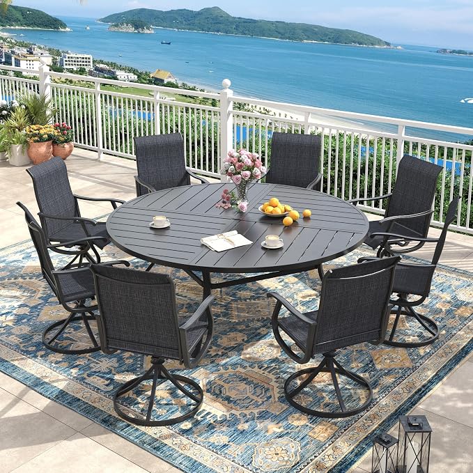 Outdoor Dining Set for 8, 63.1" Metal Round Outdoor Dining Table with Umbrella Hole and Sling Patio Swivel Chairs, 9 Pieces Patio Table and Chairs Set for Garden Backyard, Charcoal and Black