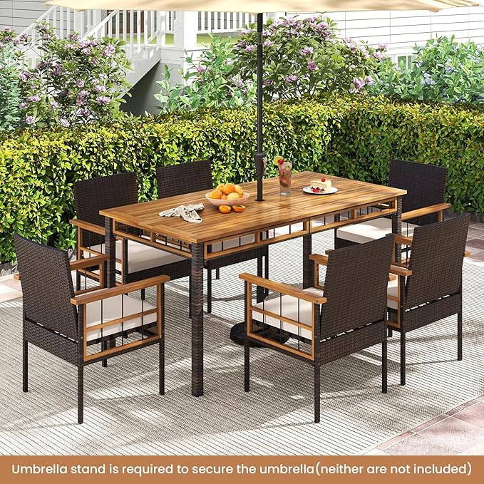 Tangkula 7 Pieces Wicker Patio Dining Set, Outdoor Acacia Wood Rectangular Table with 1.97” Umbrella Hole and Cushioned Chairs, Outside Conversation Furniture Set for Deck, Garden and Backyard