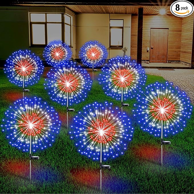Tujoe 8 Pcs 4th of July Solar Firework Stake Lights 180 LED 8 Modes Solar Waterproof LED Sparkler Lights Outdoor Patriotic Decor for USA 250th Anniversary Garden Patio Yard Pathway (Red White Blue)