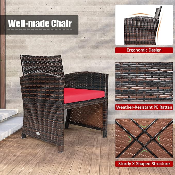 Tangkula 3-Piece Outdoor PE Rattan Furniture Set, Patio Conversation Set w/Chair & Storage Coffee Table, Detachable Cushion, Stable X-Shaped Frame, Perfect for Garden, Backyard, Poolside (Red)
