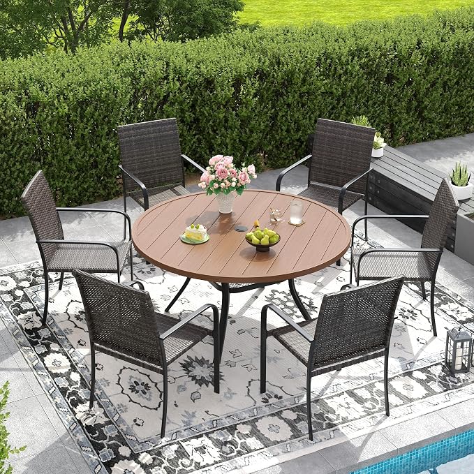 DIFY 7 Piece Outdoor Dining Set, Patio Table and Chairs Set for 6 with Umbrella Hole, 47.2" Walnut Round Dining Table & Stackable Wicker Patio Chairs, Metal Patio Furniture Set for Garden Backyard