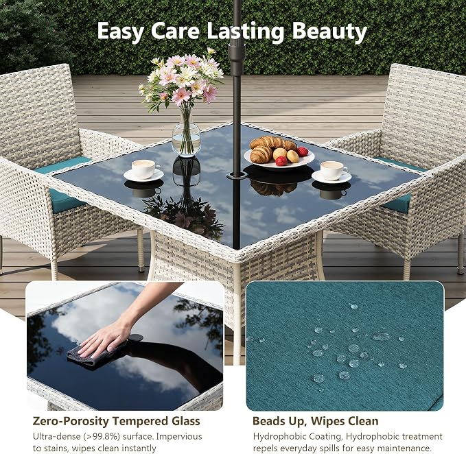 Outdoor Dining Set, 10-Piece Patio Furniture Set with Tempered Glass Table and 8 Cushioned Chairs, Dual-Strand Wicker Rattan, Balcony Furniture for Backyard, Garden, Deck,– Turquoise