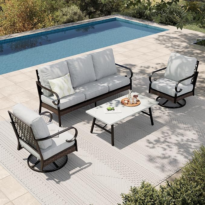 HERA'S HOUSE 4 Piece Metal Patio Furniture Set, All Weather Outdoor Conversation Set with 3 Seat Sofa, 2 Swivel Chairs & Coffee Table, Seats 5 for Backyard, Garden, Deck, Light Grey