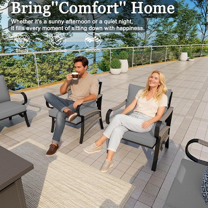 4-Piece Outdoor Furniture Set, Patio Conversation Set Include 3-Seater Sofa Couch Single Chairs with Fire Pit Table for Deck, Porch, Garden, Backyard, Poolside (Gray Cushions)