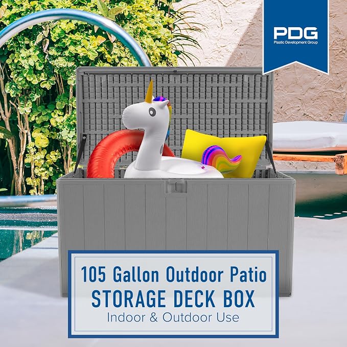 Plastic Development Group Outdoor Storage Deck Box, Soft Closure, 105 Gallon, Gray