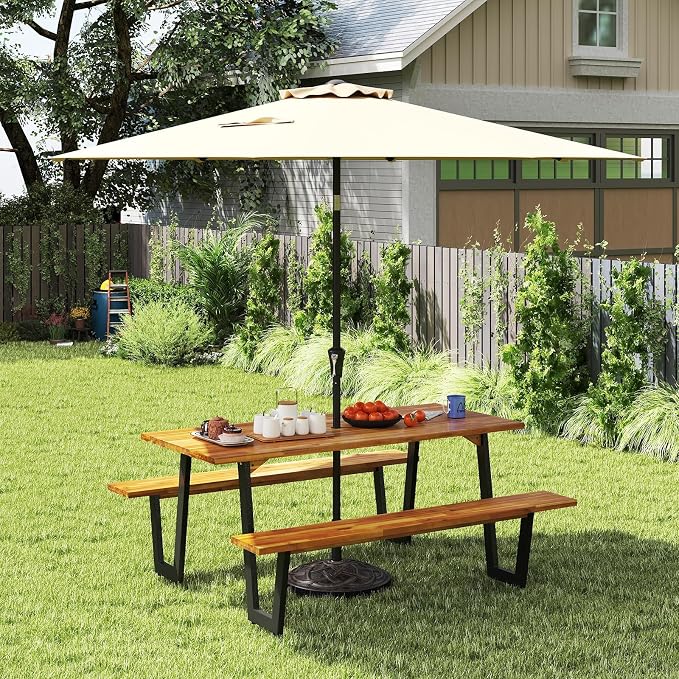 S AFSTAR 70" Acacia Wood Outdoor Picnic Table Set with 10Ft Umbrella & Base, Heavy Duty Wooden Outside Dining Table Set with Bench, All-Weather Patio Dining Set for 6, Garden, Backyard